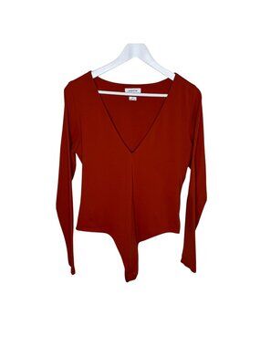 Babaton Orange Long Sleeve Deep-V Bodysuit, Thong Cut, Size Large